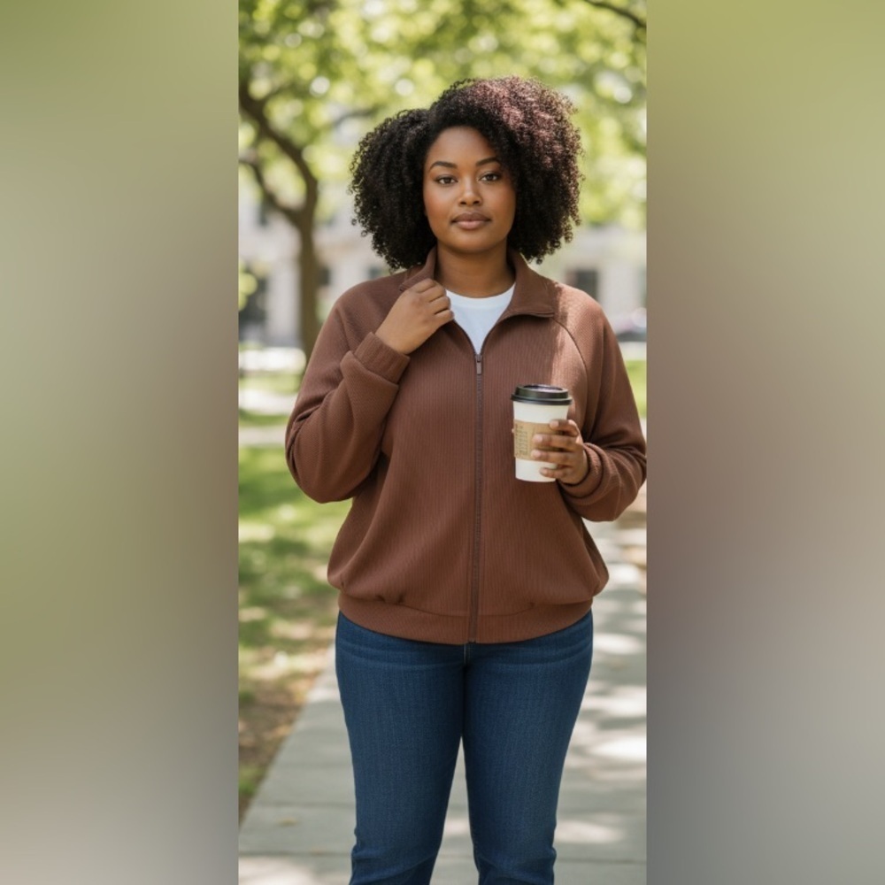 new- All in Motion Oversized Ribbed 
Full Zip Jacket  Long Sleeve Stand Collar